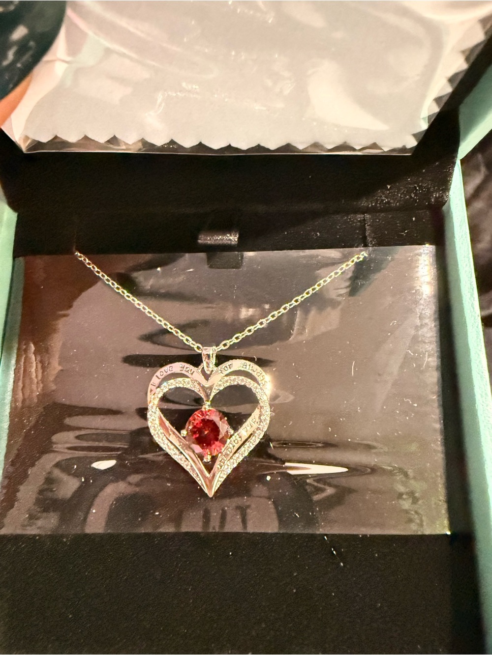 Silver Heart Necklace with Red Center Gem